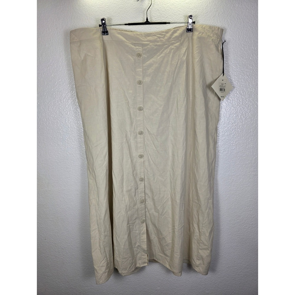 Ava & Viv Womens 3X Tan Button Front Midi‎ Skirt Elastic Waist Cotton Rayon